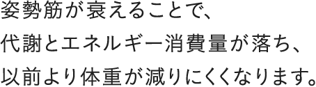 姿勢筋が衰えることで、代謝とエネルギー消費量が落ち、以前より体重が減りにくくなります。