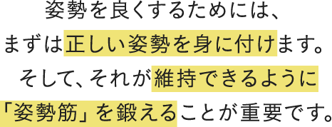 姿勢を良くするためには、まずは正しい姿勢を身に付けます。そして、それが維持できるように「姿勢筋」を鍛えることが重要です。