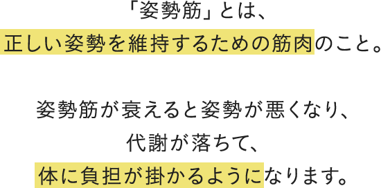 「姿勢筋」とは、 正しい姿勢を維持するための筋肉のこと。姿勢筋が衰えると姿勢が悪くなり、代謝が落ちて、体に負担が掛かるようになります。